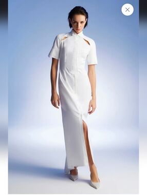 Classic White Short-Sleeve Maxi Shirt Dress with Front Slit
